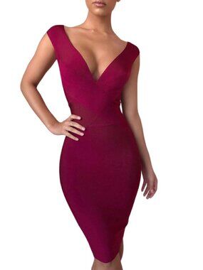 Wine Red Premium Bandage Bodycon Midi Dress Figure-Flattering Fit | Size S